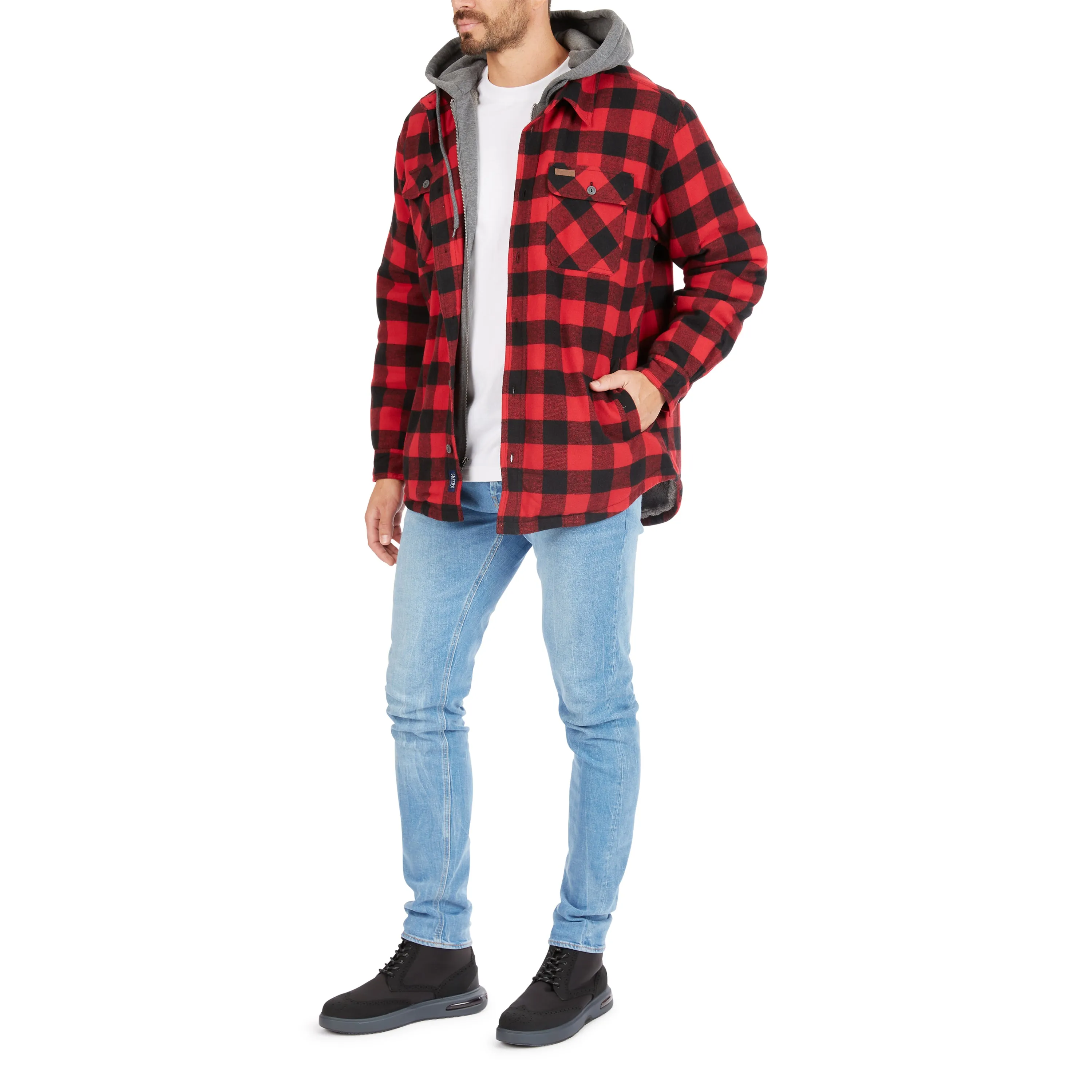 SHERPA-LINED HOODED FLANNEL SHIRT-JACKET