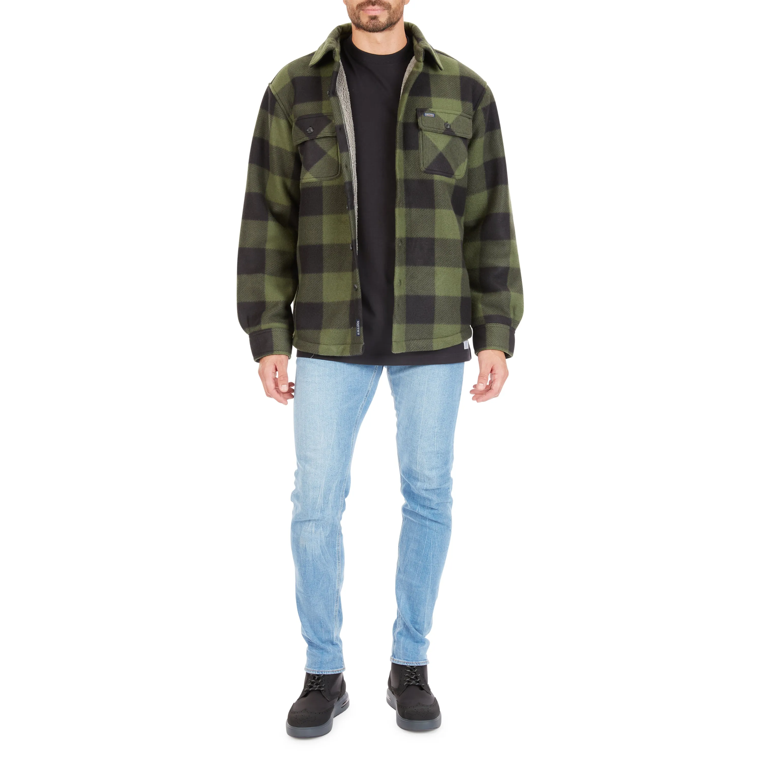 SHERPA-LINED PLAID FLEECE SHIRT JACKET