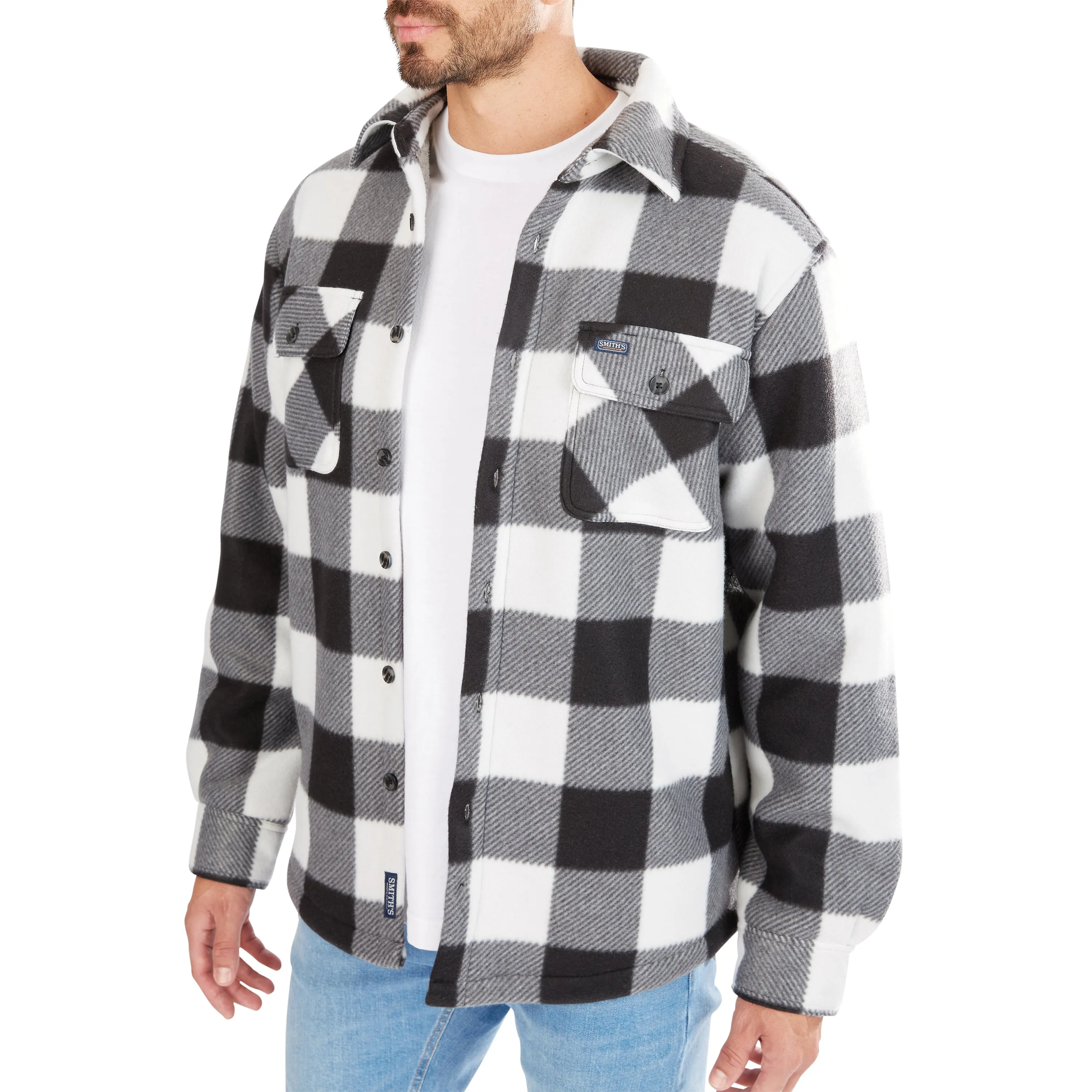 SHERPA-LINED PLAID FLEECE SHIRT JACKET