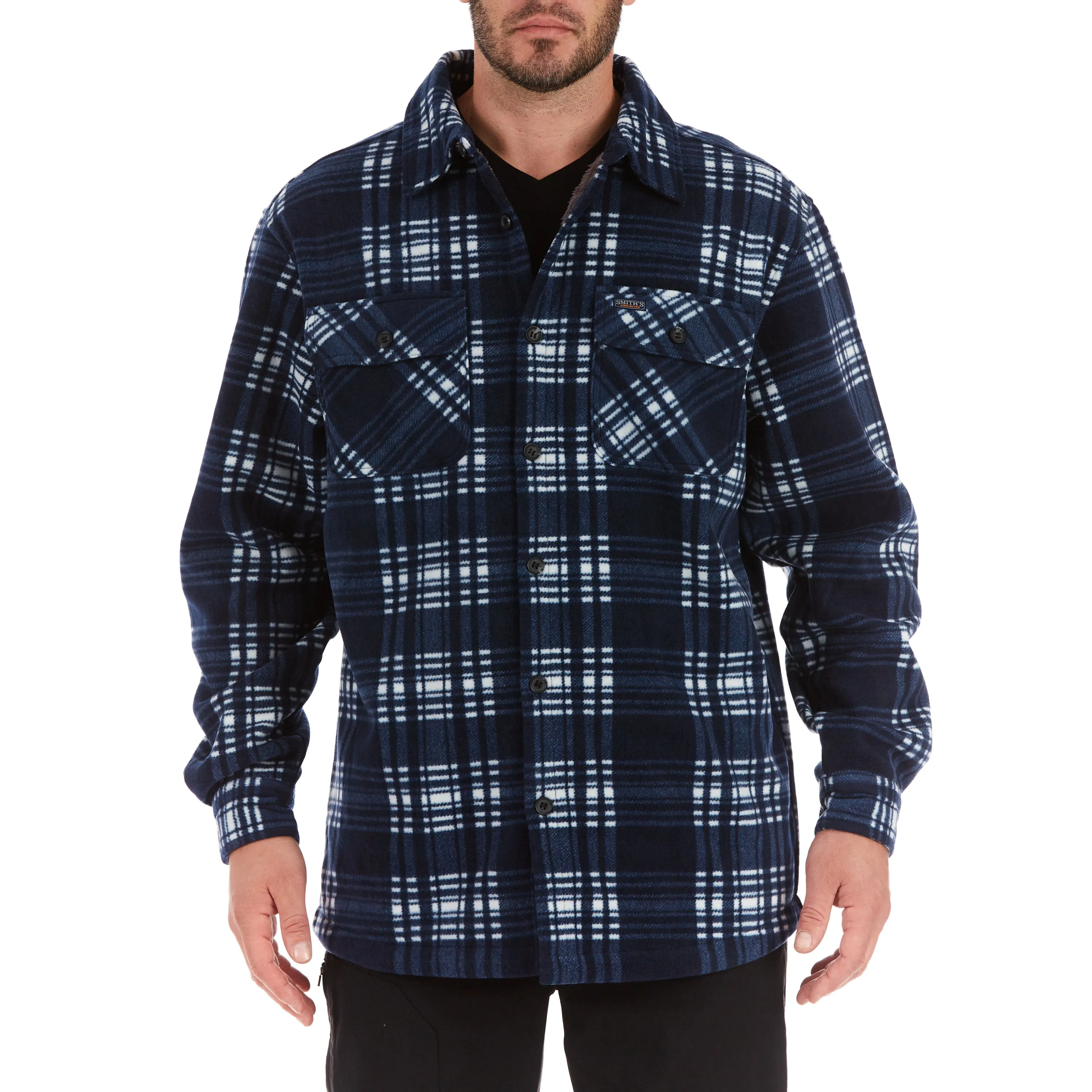 SHERPA-LINED PLAID FLEECE SHIRT JACKET