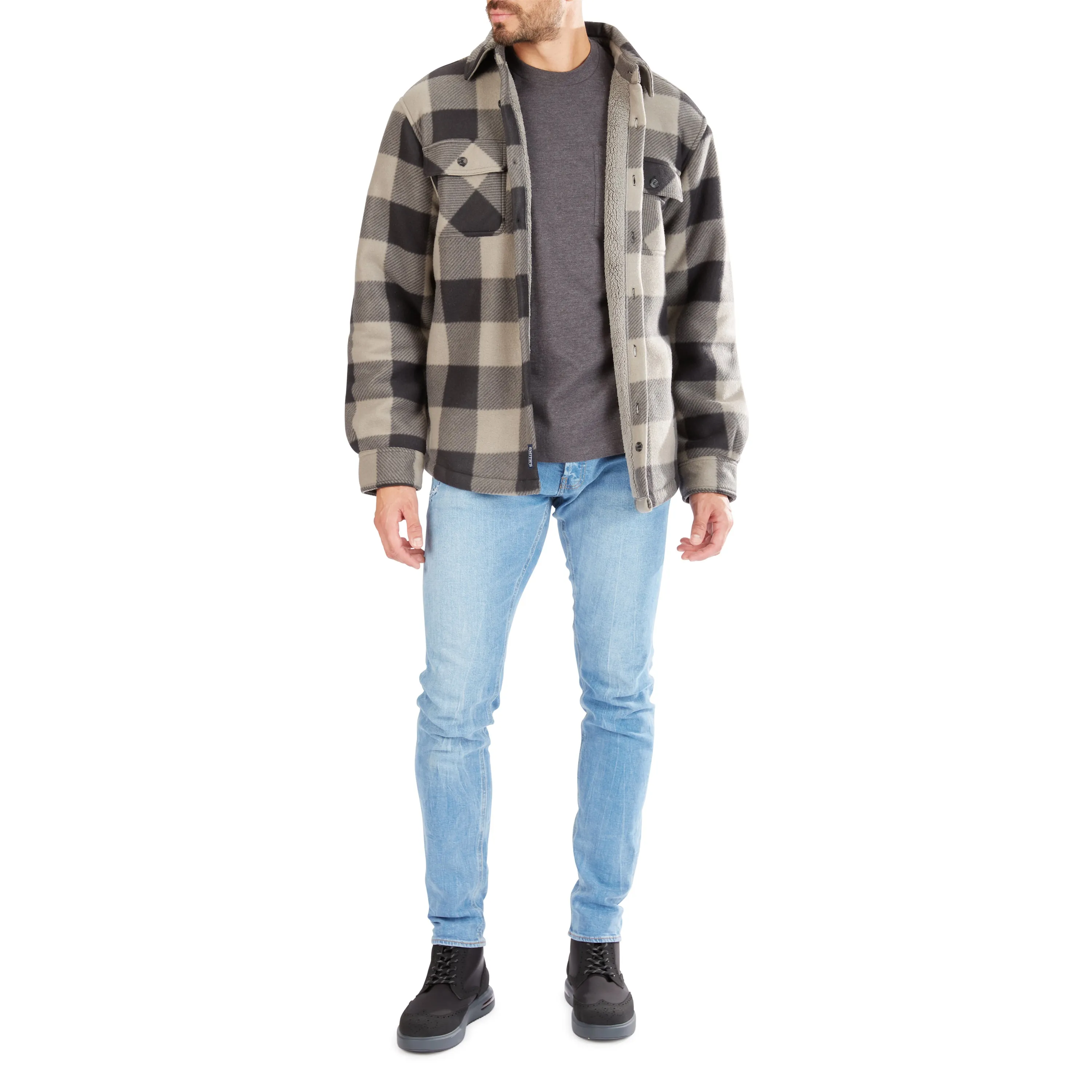 SHERPA-LINED PLAID FLEECE SHIRT JACKET