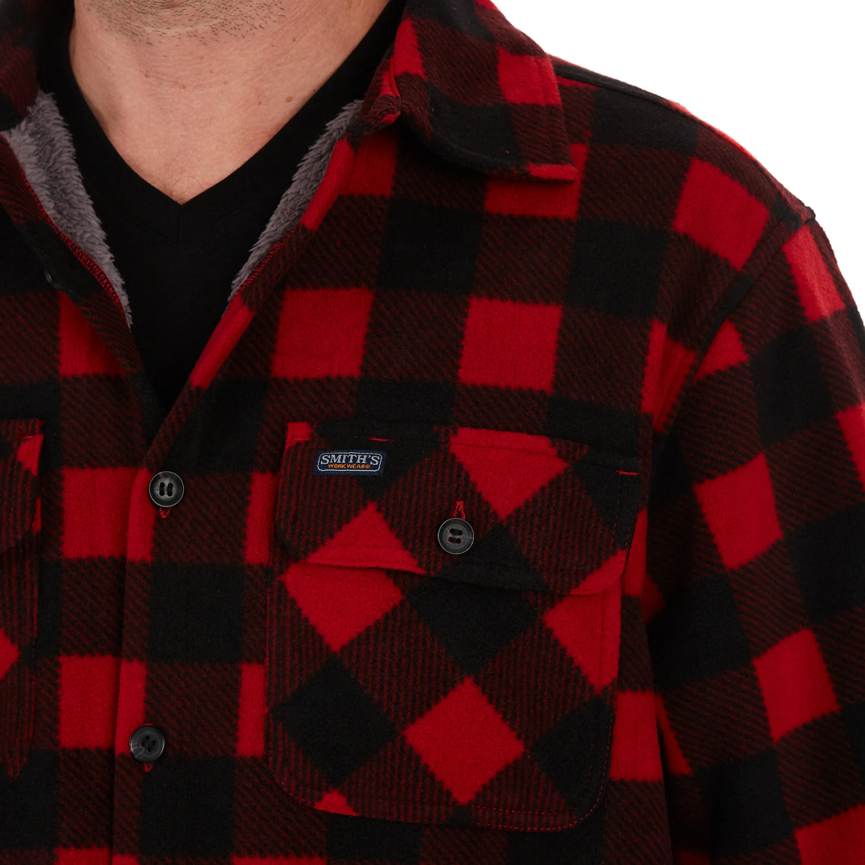 SHERPA-LINED PLAID FLEECE SHIRT JACKET