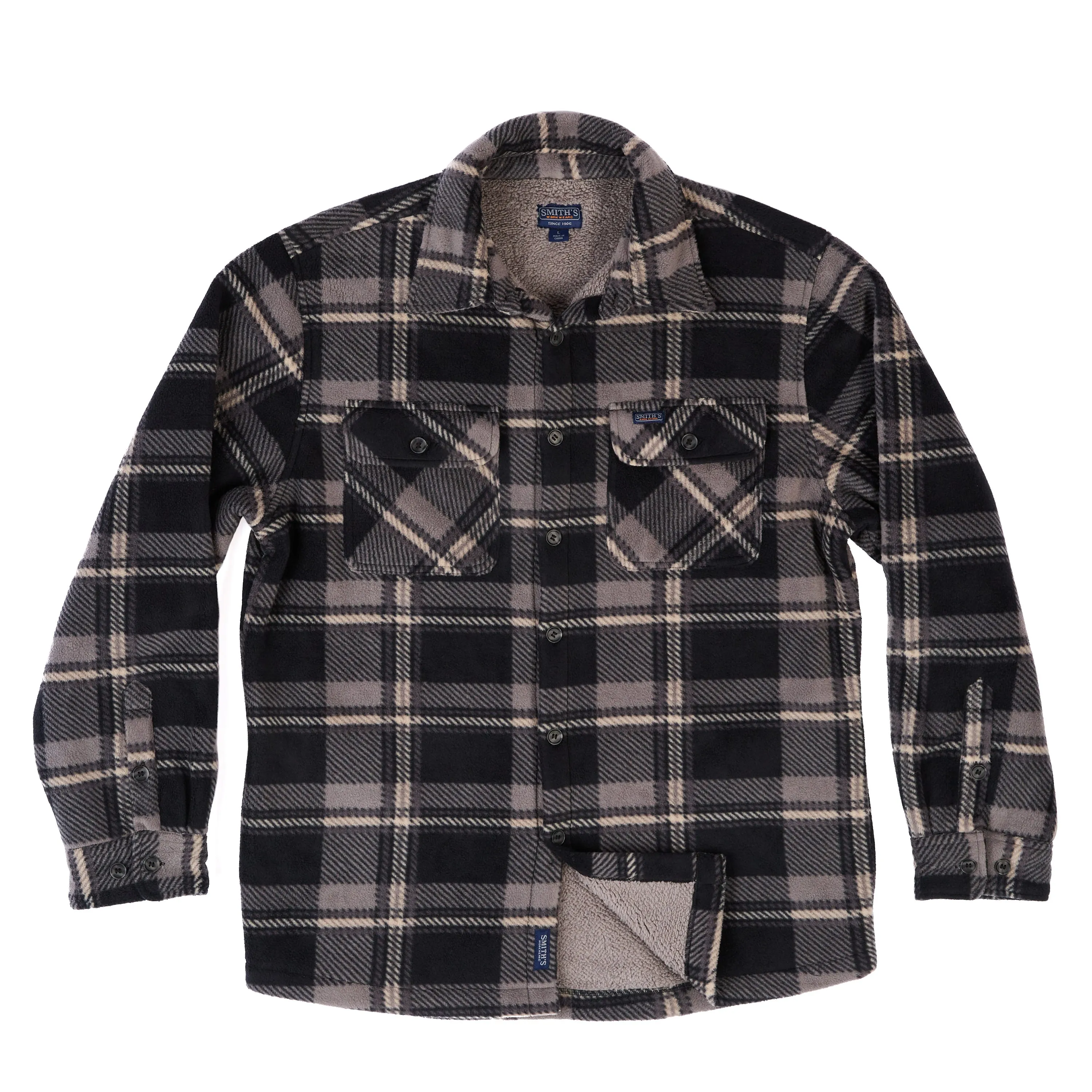 SHERPA-LINED PLAID FLEECE SHIRT JACKET