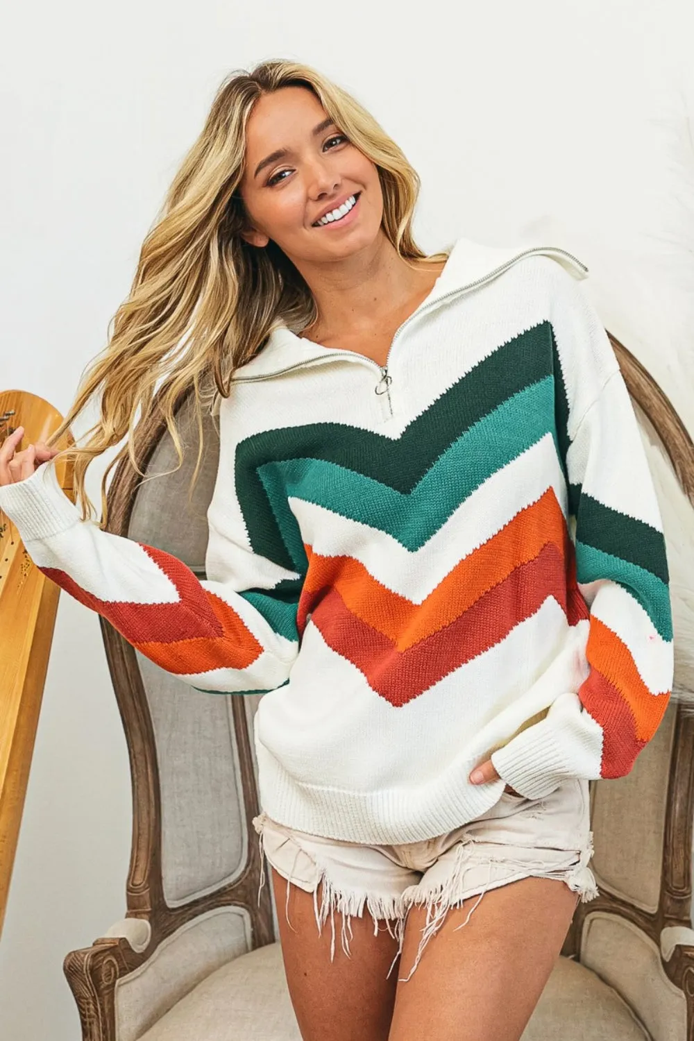 TEEK - Jade/Rust Combo Chevron Pattern Sweater