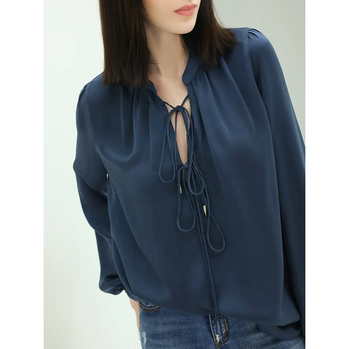 Tie-Front Top Sheer Navy Silk Shirt