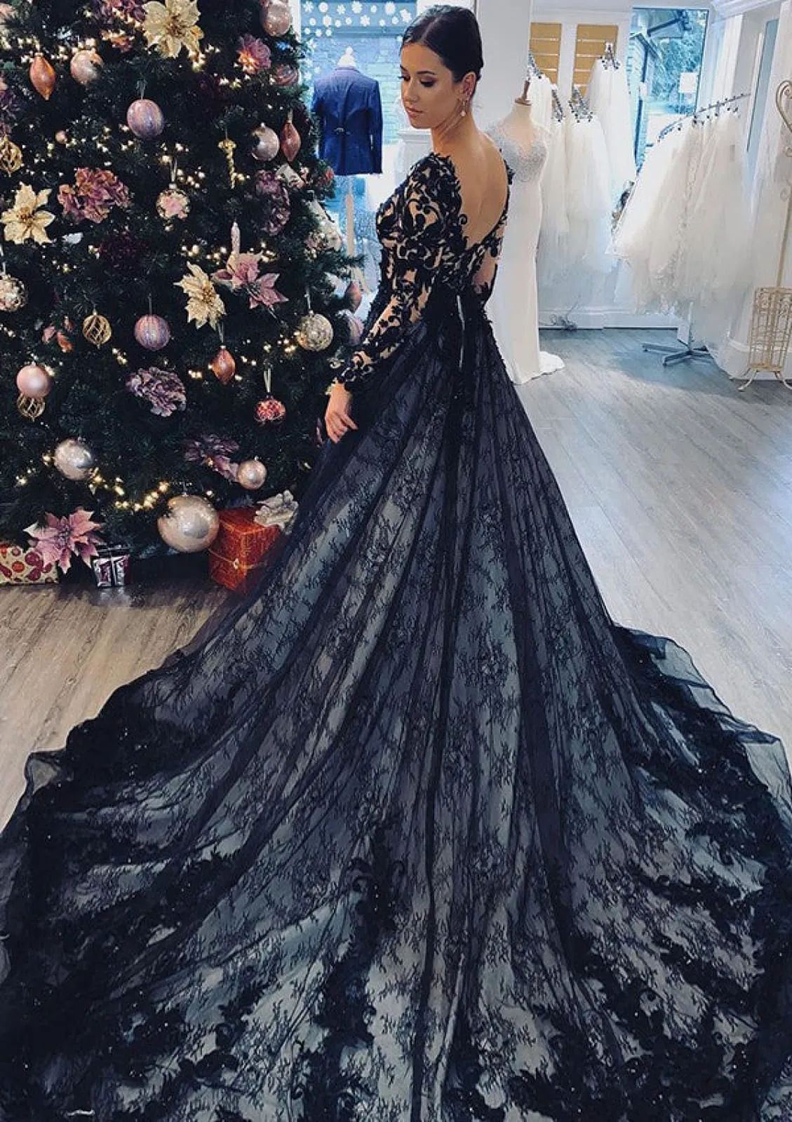 V Neck Long Sleeve Chapel Train Black Lace Wedding Dress