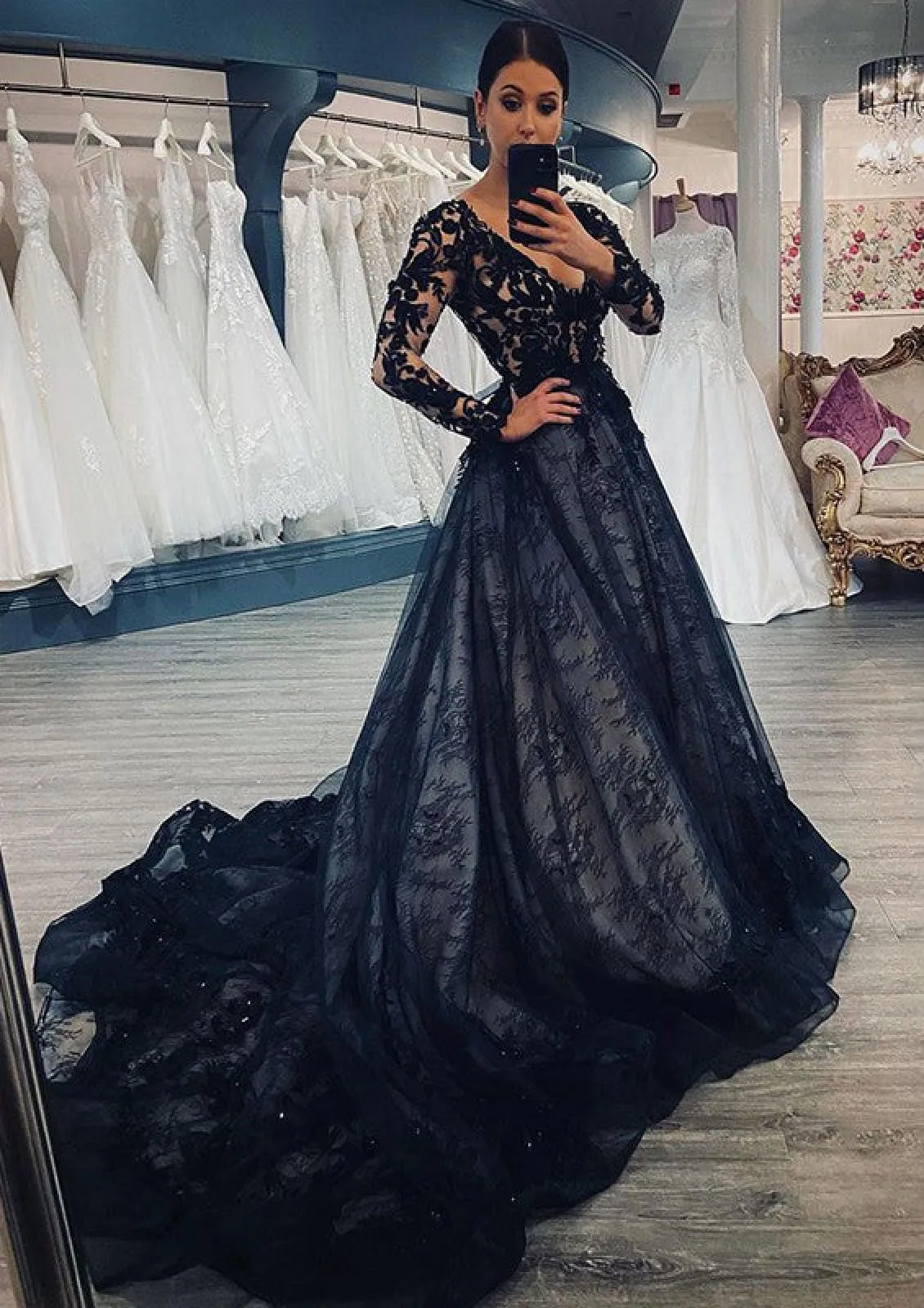 V Neck Long Sleeve Chapel Train Black Lace Wedding Dress