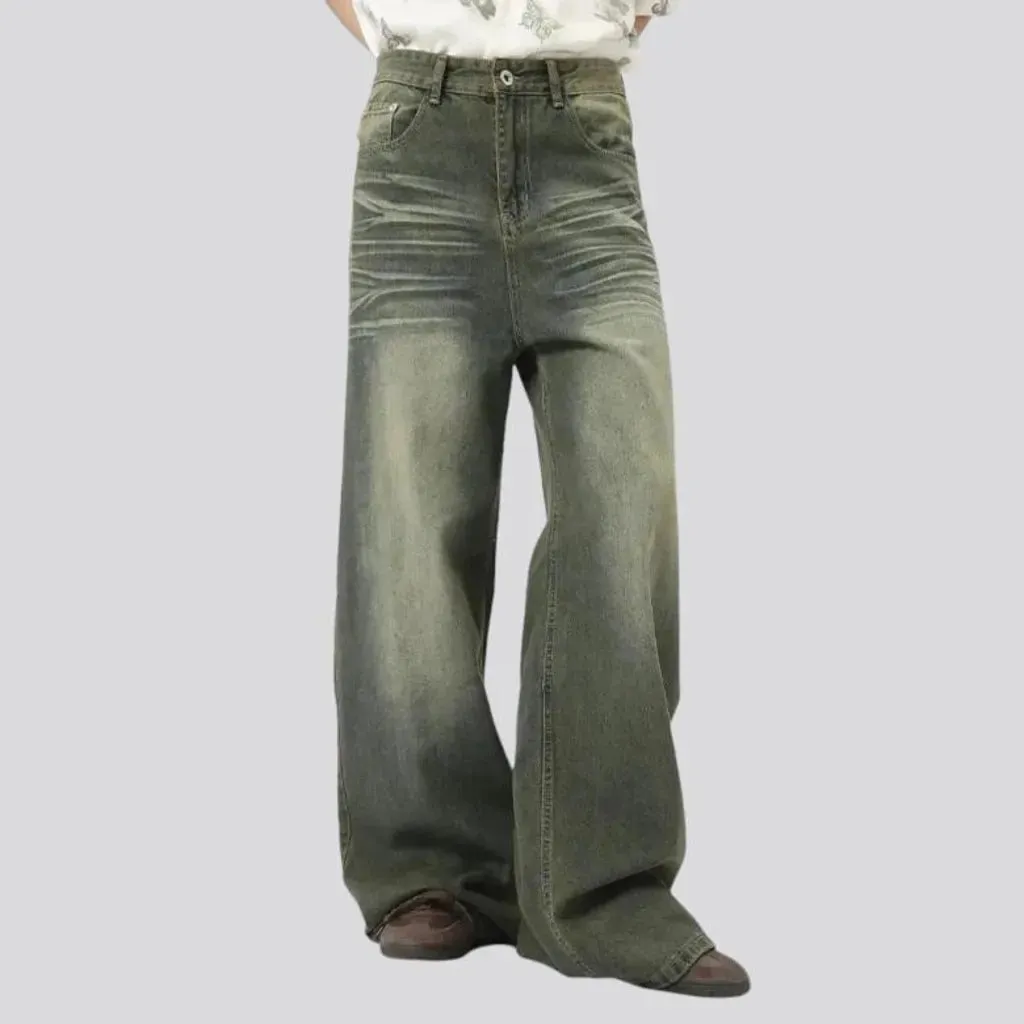 Whiskered over dyed mid rise men's jeans