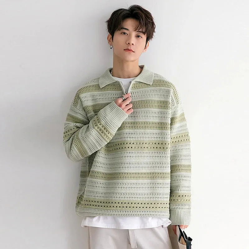 Wiaofellas  -  fall outfits men Autumn Men's Luxury Knitted Pullover Sweater Korean Patchwork  Zipper Lapel Long Sleeve Casual Streetwear Loose Polo Knitwear