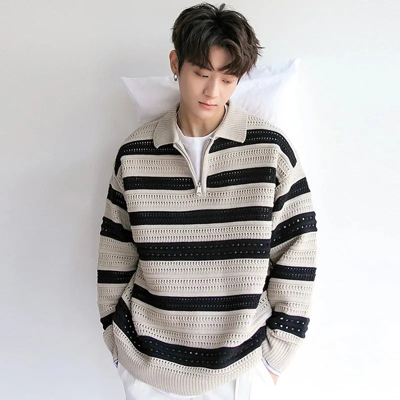 Wiaofellas  -  fall outfits men Autumn Men's Luxury Knitted Pullover Sweater Korean Patchwork  Zipper Lapel Long Sleeve Casual Streetwear Loose Polo Knitwear