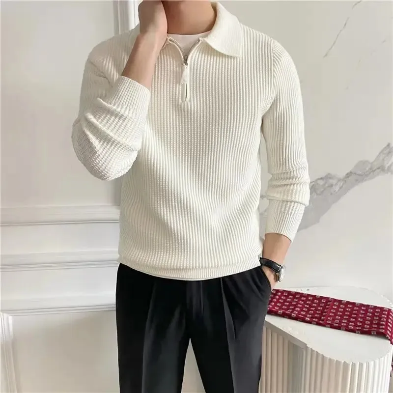 Wiaofellas  -  guys clothing styles Men's Clothing Luxury Knit Pullover Zipper Polo Neck Sweater Leisure Streetwear Popular Retro Solid Color Long Sleeve Knitwear