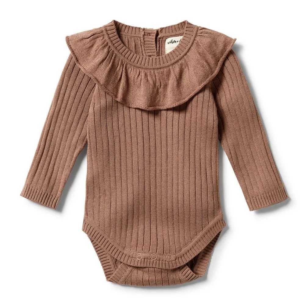 Wilson & Frenchy | Knitted Rib Ruffle Baby Bodysuit - Burro