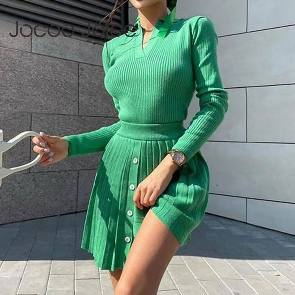 Wjczt Women Knitted Skirts Two Pieces Set Elegant Polo Neck Sweater and High Waist Pleated Skirt Suit Korean Elegant Spring Outfits