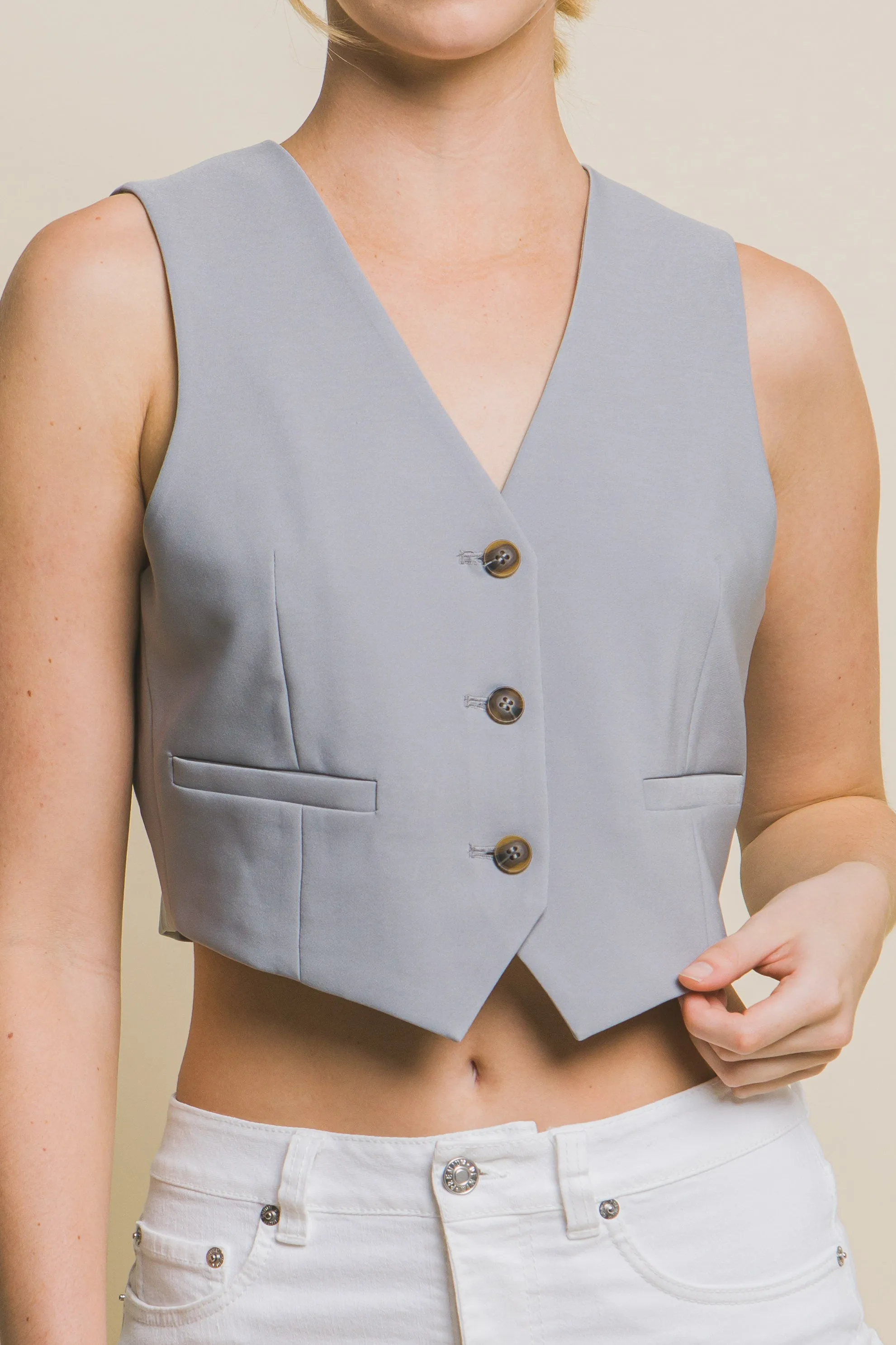 Women's Cropped Blazer Vest With Button-Up